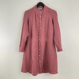 Aran Crafts Ireland 100% Merino Wool Long Cardigan Womens XL Pink Chunky Cable